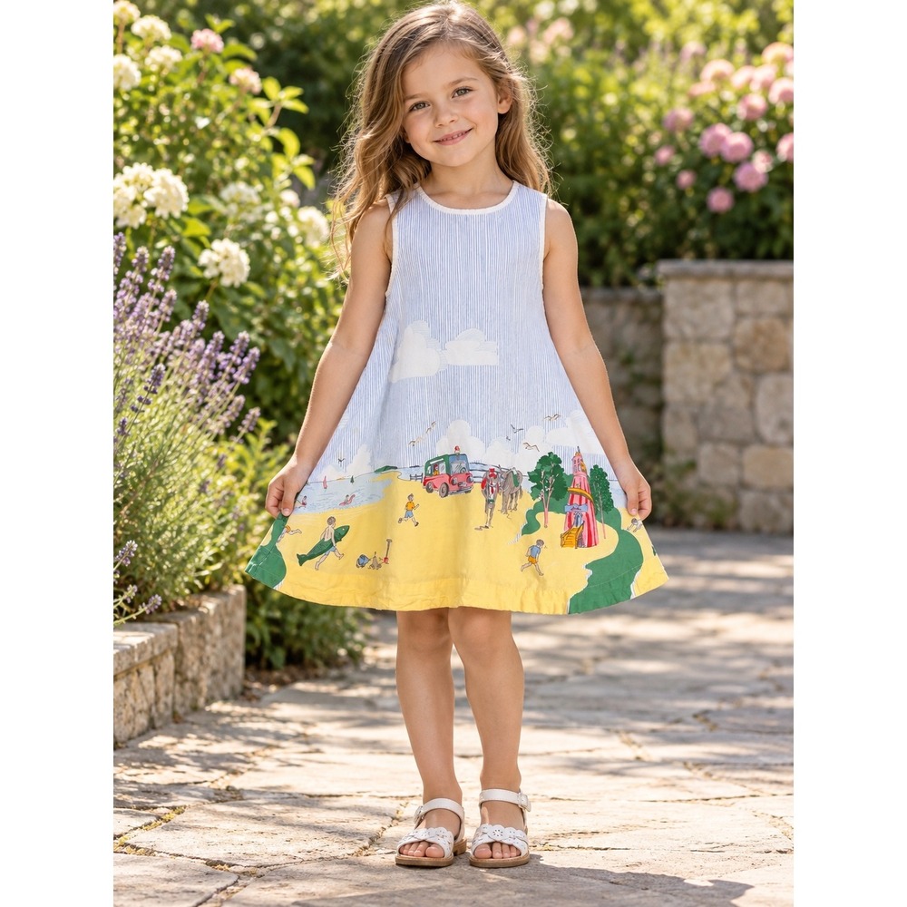 Joules Bunty Beachscene Dress Blue White Striped Coastal Print Kids 5y 110cm